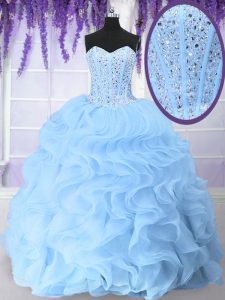 Modern Light Blue Sweetheart Neckline Beading and Ruffles Ball Gown Prom Dress Sleeveless Lace Up