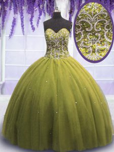 Glorious Floor Length Olive Green Quinceanera Gown Tulle Sleeveless Beading and Appliques
