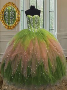 Multi-color Sleeveless Beading and Ruffles and Sequins Floor Length Quinceanera Dresses