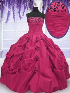 Custom Design Hot Pink Strapless Lace Up Embroidery and Pick Ups Sweet 16 Dresses Sleeveless