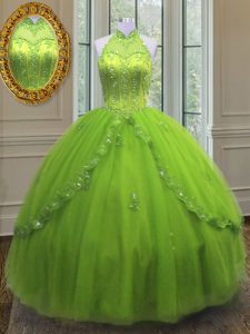 Yellow Green Lace Up Quinceanera Gown Beading and Appliques Sleeveless Floor Length