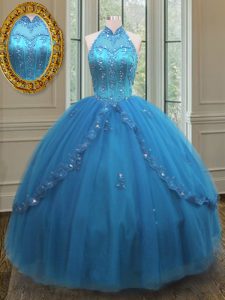 Popular Blue High-neck Lace Up Beading and Appliques 15 Quinceanera Dress Sleeveless
