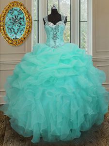 Straps Apple Green Organza Zipper Ball Gown Prom Dress Sleeveless Floor Length Beading and Ruffles