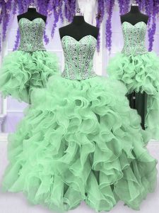 Four Piece Sleeveless Beading and Ruffles Lace Up Quince Ball Gowns
