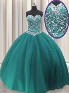Beautiful Teal Tulle Lace Up Quinceanera Dress Sleeveless Floor Length Beading and Sequins