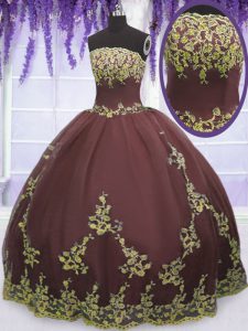 Luxury Tulle Strapless Sleeveless Zipper Lace and Appliques Quince Ball Gowns in Chocolate