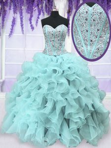 Light Blue Sleeveless Floor Length Beading and Ruffles Lace Up Quinceanera Gown