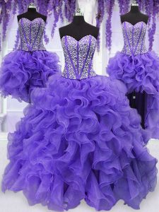 Elegant Four Piece Floor Length Lace Up Ball Gown Prom Dress Lavender for Military Ball and Sweet 16 and Quinceanera with Embroidery and Ruffles and Ruffled Layers and Sashes ribbons