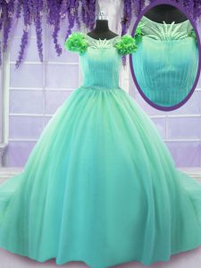 High End Scoop Turquoise Ball Gowns Hand Made Flower Quinceanera Dama Dress Lace Up Tulle Short Sleeves