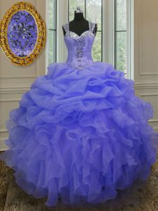 Blue Ball Gowns Straps Sleeveless Organza Floor Length Zipper Beading and Ruffles Quinceanera Gowns