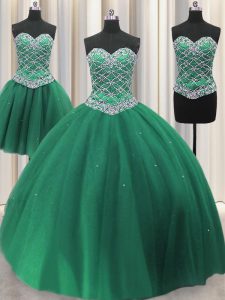 Fantastic Three Piece Green Sweetheart Neckline Beading and Ruffles Quinceanera Gown Sleeveless Lace Up