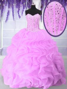 Dazzling Lilac Lace Up Quinceanera Gowns Beading and Ruffles Sleeveless Floor Length