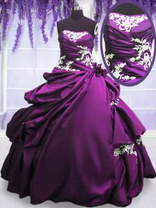 Noble Purple Strapless Neckline Appliques and Pick Ups Sweet 16 Dress Sleeveless Lace Up