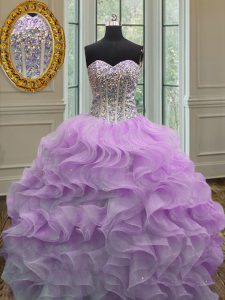 Suitable Floor Length Lace Up 15th Birthday Dress Lilac for Military Ball and Sweet 16 and Quinceanera with Beading and Ruffles