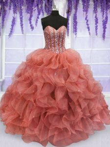 Decent Watermelon Red Sleeveless Beading and Ruffles Floor Length Quinceanera Dresses