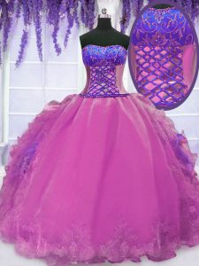 Floor Length Lace Up Ball Gown Prom Dress Lilac for Military Ball and Sweet 16 and Quinceanera with Embroidery and Ruffles