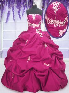 Floor Length Lace Up 15 Quinceanera Dress Fuchsia for Military Ball and Sweet 16 and Quinceanera with Appliques and Ruching and Pick Ups