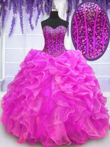 Fuchsia Sleeveless Floor Length Beading and Ruffles Lace Up Party Dress for Toddlers