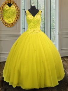Dazzling V-neck Sleeveless Quinceanera Gown Floor Length Beading Yellow Tulle