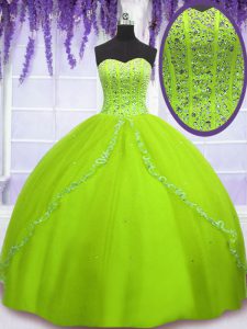 Floor Length Lace Up Quince Ball Gowns Yellow Green for Military Ball and Sweet 16 and Quinceanera with Beading