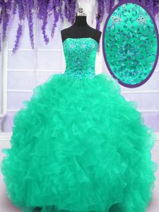 Turquoise Sleeveless With Train Beading and Appliques and Ruffles Lace Up Sweet 16 Dress
