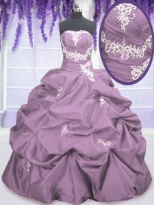 Attractive Lilac Sleeveless Floor Length Appliques and Ruching and Pick Ups Lace Up 15 Quinceanera Dress