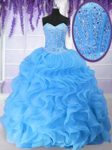 Sleeveless Organza Floor Length Lace Up Sweet 16 Dress in Baby Blue with Beading and Ruffles