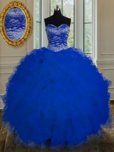 Glamorous Royal Blue Sleeveless Floor Length Beading and Ruffles Lace Up Sweet 16 Dress