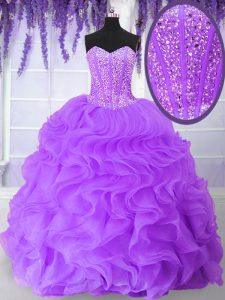 Elegant Purple Ball Gowns Sweetheart Sleeveless Organza Floor Length Lace Up Beading and Ruffles 15th Birthday Dress