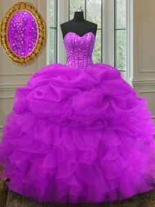 Organza Sweetheart Sleeveless Lace Up Beading and Ruffles and Pick Ups 15th Birthday Dress in Fuchsia