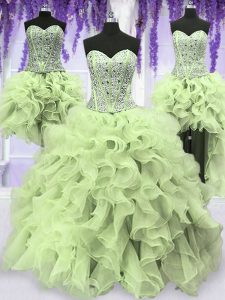 Four Piece Sequins Yellow Green Sleeveless Organza Lace Up Ball Gown Prom Dress for Military Ball and Sweet 16 and Quinceanera