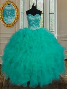 Fine Turquoise Lace Up Ball Gown Prom Dress Beading and Ruffles Sleeveless Floor Length