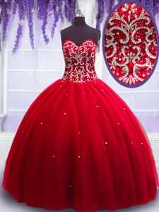 Sleeveless Tulle Floor Length Lace Up 15th Birthday Dress in Red with Beading
