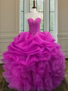 Dynamic Ball Gowns 15th Birthday Dress Fuchsia Sweetheart Organza Sleeveless Floor Length Lace Up
