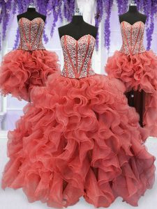 Four Piece Coral Red Ball Gowns Organza Sweetheart Sleeveless Beading and Ruffles Floor Length Lace Up Ball Gown Prom Dress