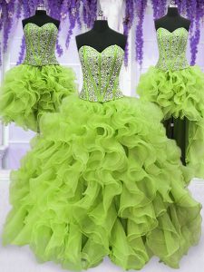 Sweet Four Piece Yellow Green Organza Lace Up Sweet 16 Quinceanera Dress Sleeveless Floor Length Beading and Ruffles
