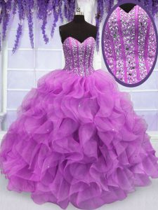 Floor Length Lace Up Quince Ball Gowns Lilac for Military Ball and Sweet 16 and Quinceanera with Beading and Ruffles