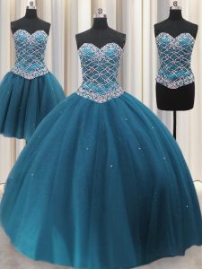 Three Piece Teal Sleeveless Floor Length Beading and Ruffles Lace Up Sweet 16 Quinceanera Dress