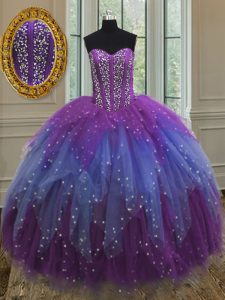 Wonderful Sleeveless Floor Length Beading and Ruffles and Sequins Lace Up 15th Birthday Dress with Multi-color