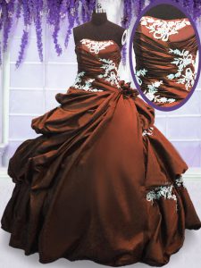 Elegant Brown Taffeta Lace Up Strapless Sleeveless Floor Length Quinceanera Gowns Appliques and Pick Ups