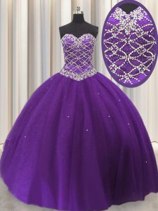 Sweetheart Sleeveless 15 Quinceanera Dress Floor Length Beading and Sequins Eggplant Purple Tulle