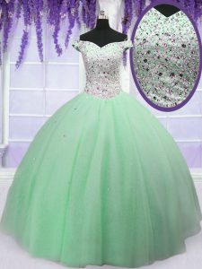 Custom Fit Off the Shoulder Apple Green Sleeveless Floor Length Beading Lace Up Quinceanera Dresses