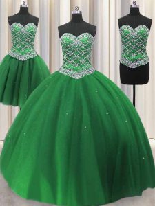 Fancy Three Piece Sequins Ball Gowns Quinceanera Gown Green Sweetheart Tulle Sleeveless Floor Length Lace Up