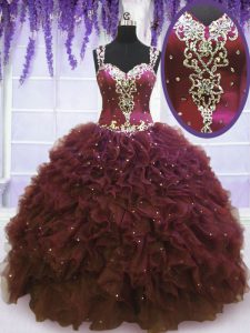 Classical Tulle Straps Sleeveless Zipper Beading and Ruffles Quinceanera Gown in Burgundy