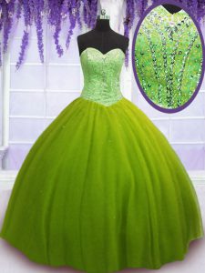 Stylish Floor Length Olive Green Sweet 16 Dress Tulle Sleeveless Beading