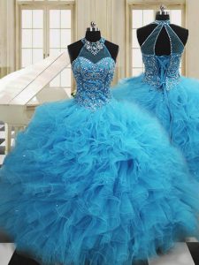 Best Selling Scoop Baby Blue Sleeveless Beading and Ruffles Floor Length Quinceanera Gown