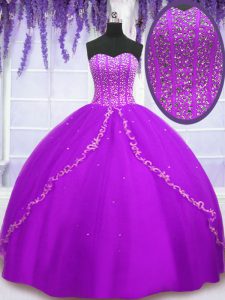 Sweetheart Sleeveless Sweet 16 Dress Floor Length Beading and Sequins Purple Tulle