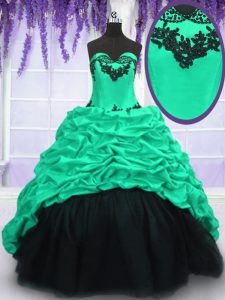 Most Popular Turquoise Sleeveless With Train Appliques and Ruffles and Pick Ups Lace Up Ball Gown Prom Dress