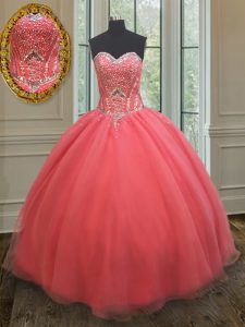 Custom Design Watermelon Red Ball Gown Prom Dress Military Ball and Sweet 16 and Quinceanera and For with Beading Sweetheart Sleeveless Lace Up