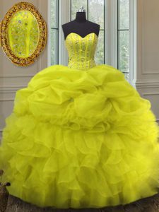 Deluxe Pick Ups Ball Gowns Sweet 16 Dresses Yellow Sweetheart Organza Sleeveless Floor Length Lace Up